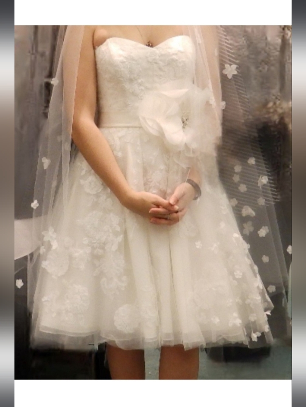 Cynthia Rowley White Strapless Floral A-Line Short Wedding Dress